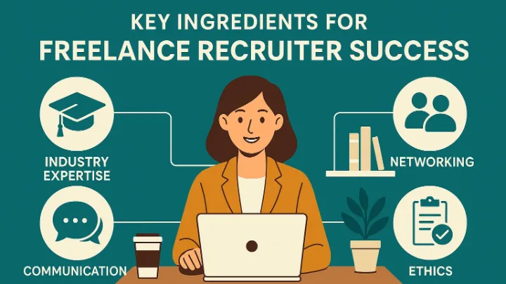 A flat-style digital illustration showcasing key success ingredients for freelance recruiters including networking, specialization, communication, and professionalism